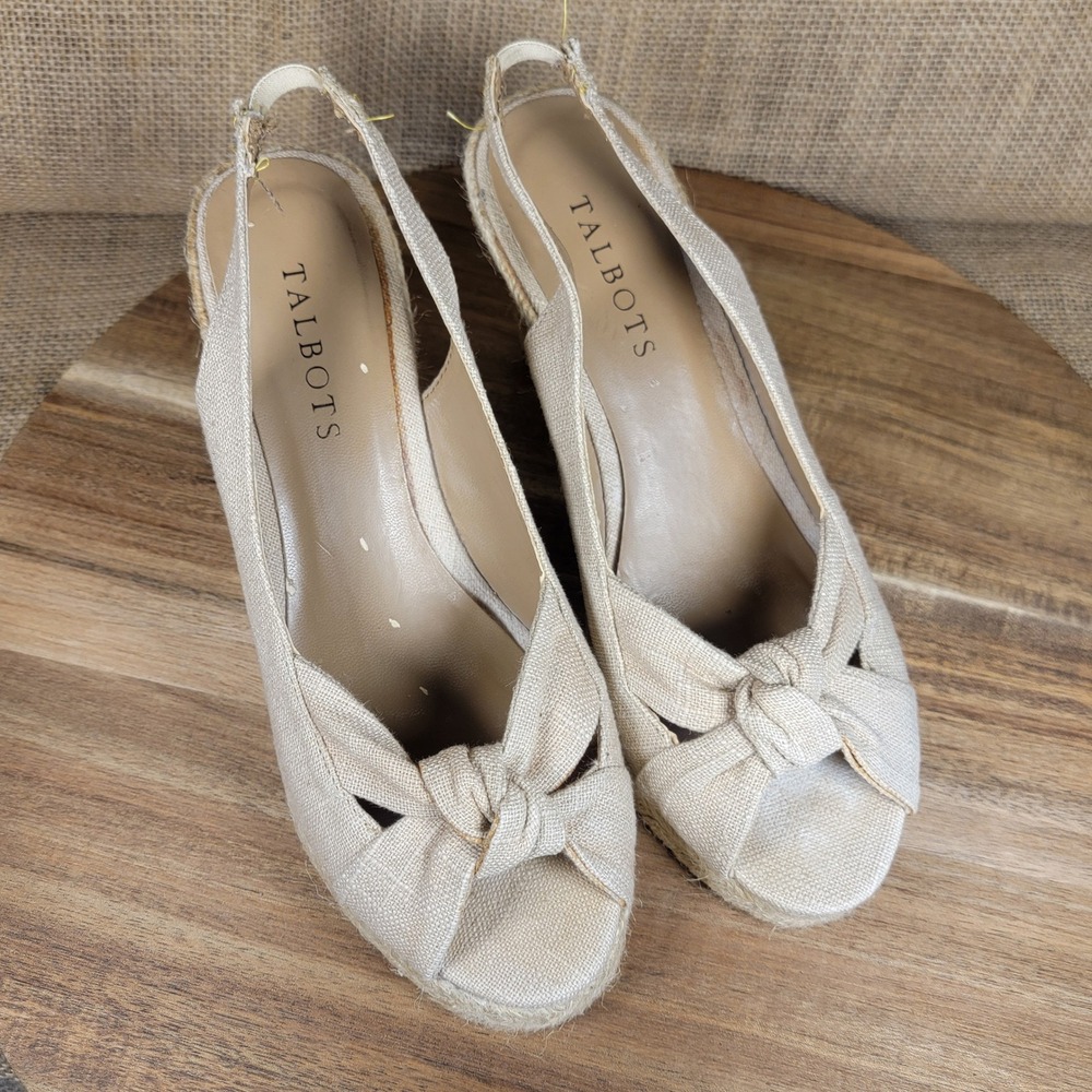 Talbots Espadrille Wedge Sandals Peep Toe Bow Slingback Jute Women's 6.5 Beige - Picture 9 of 10